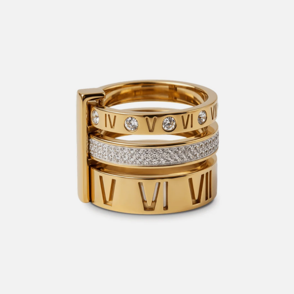 Anel Aro Triplo Algarismo Romano Banhado em Ouro 18K