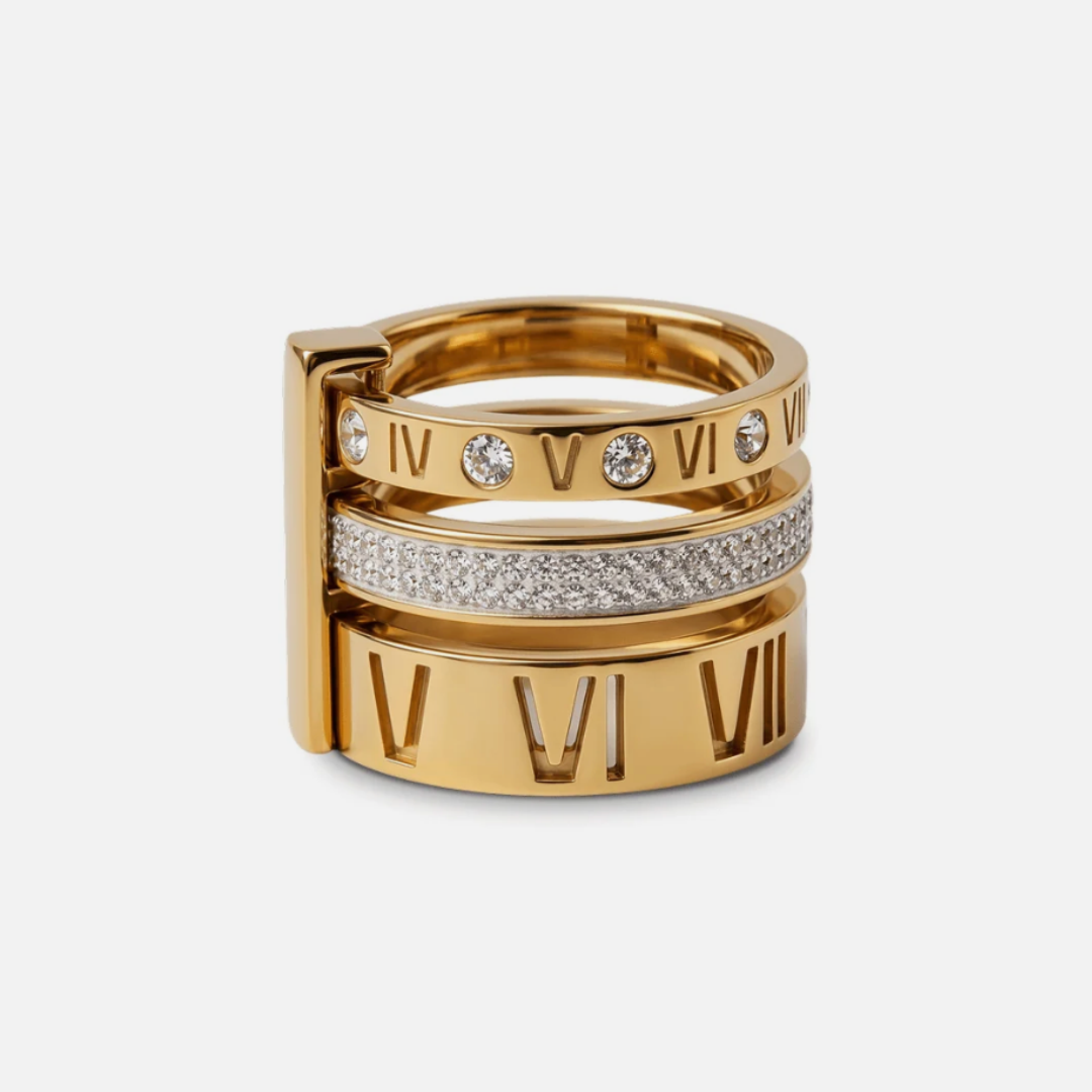 Anel Aro Triplo Algarismo Romano Banhado em Ouro 18K
