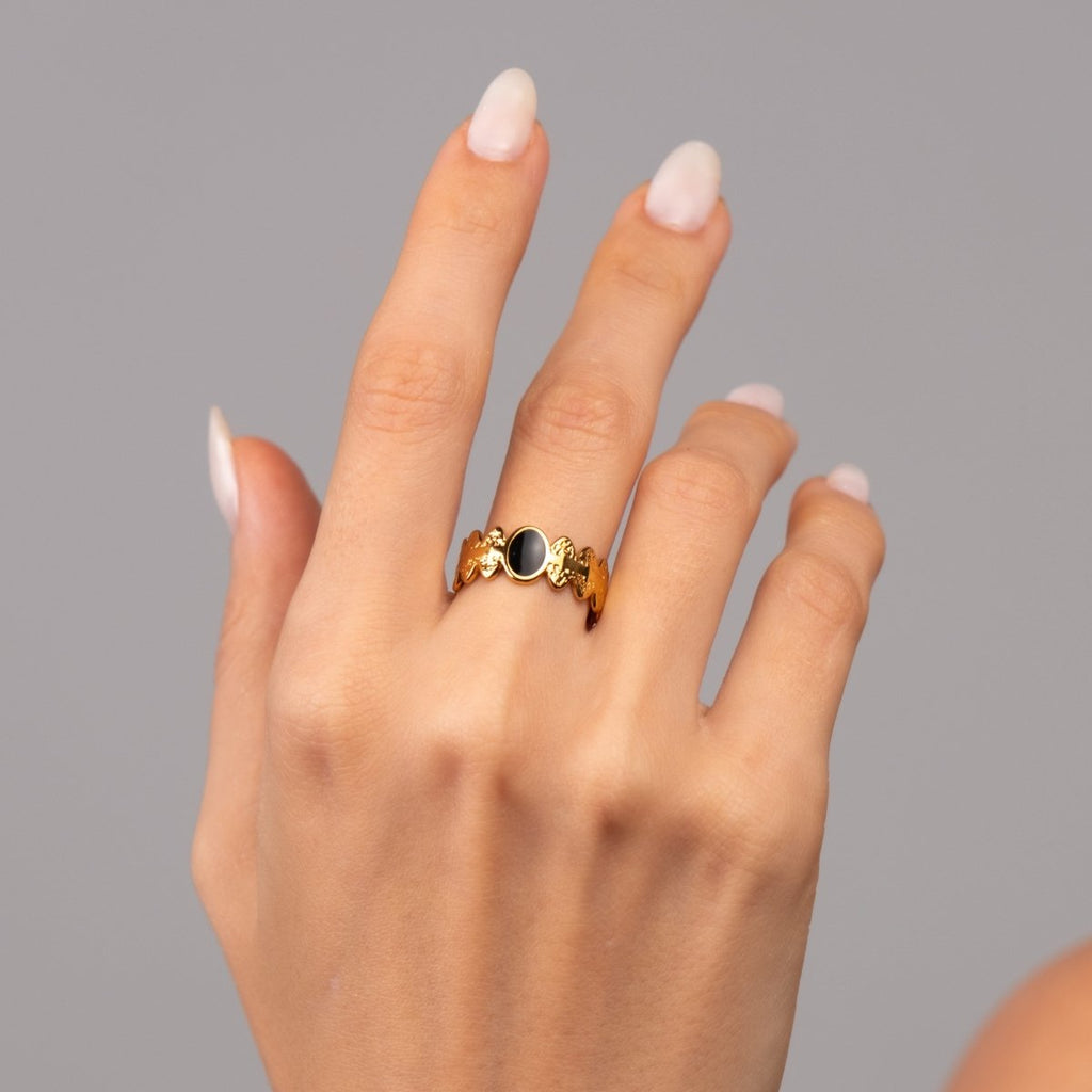 Anel Ajustável Pedra Ônix Banhado em Ouro 18k