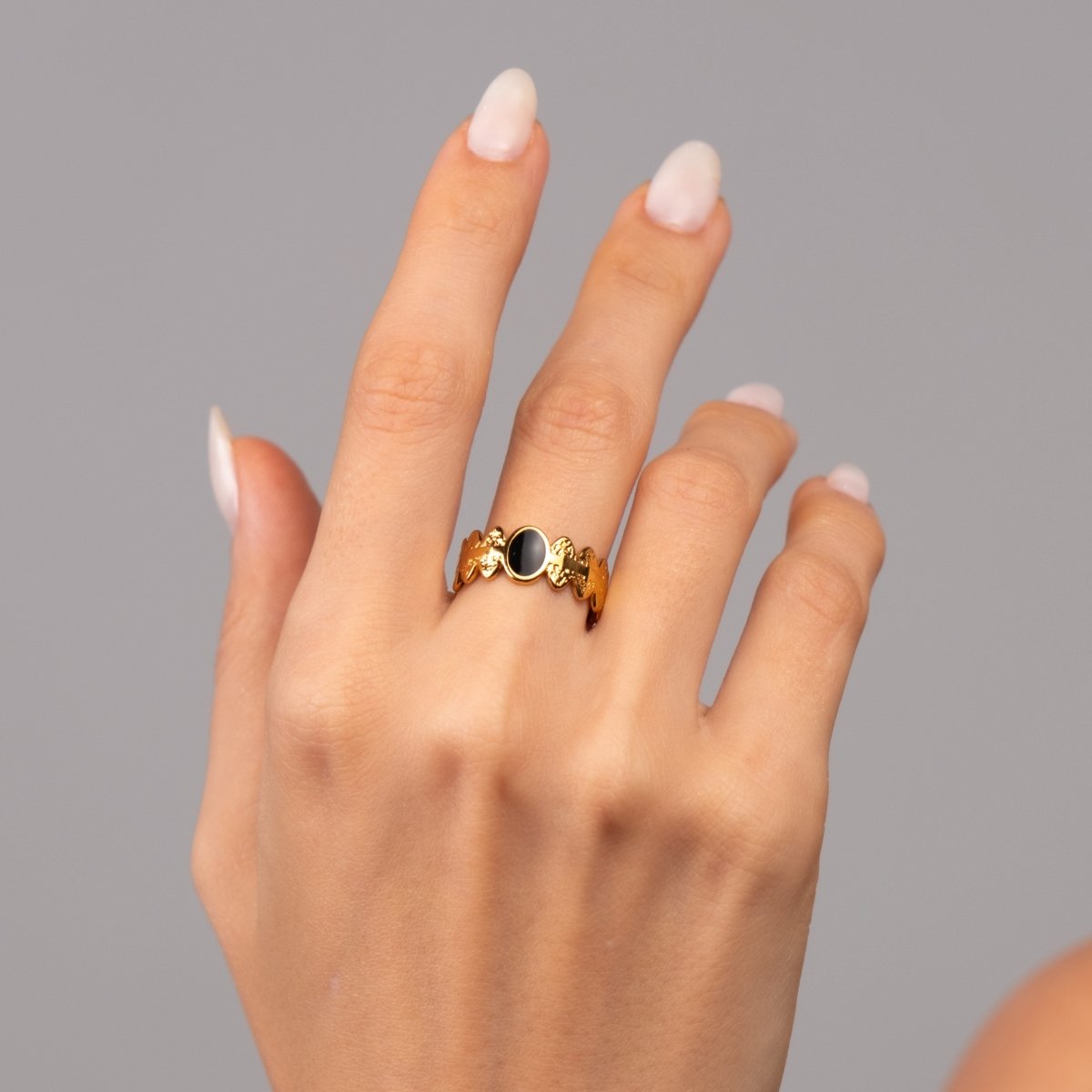 Anel Ajustável Pedra Ônix Banhado em Ouro 18k