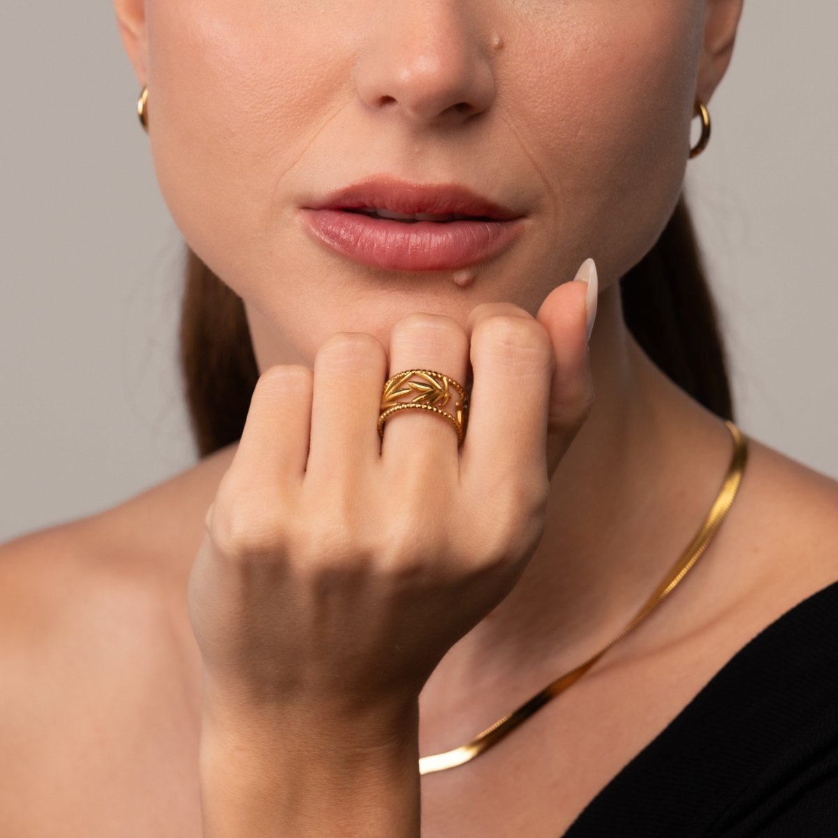 Anel Botânico Ajustável Banhado em Ouro 18K