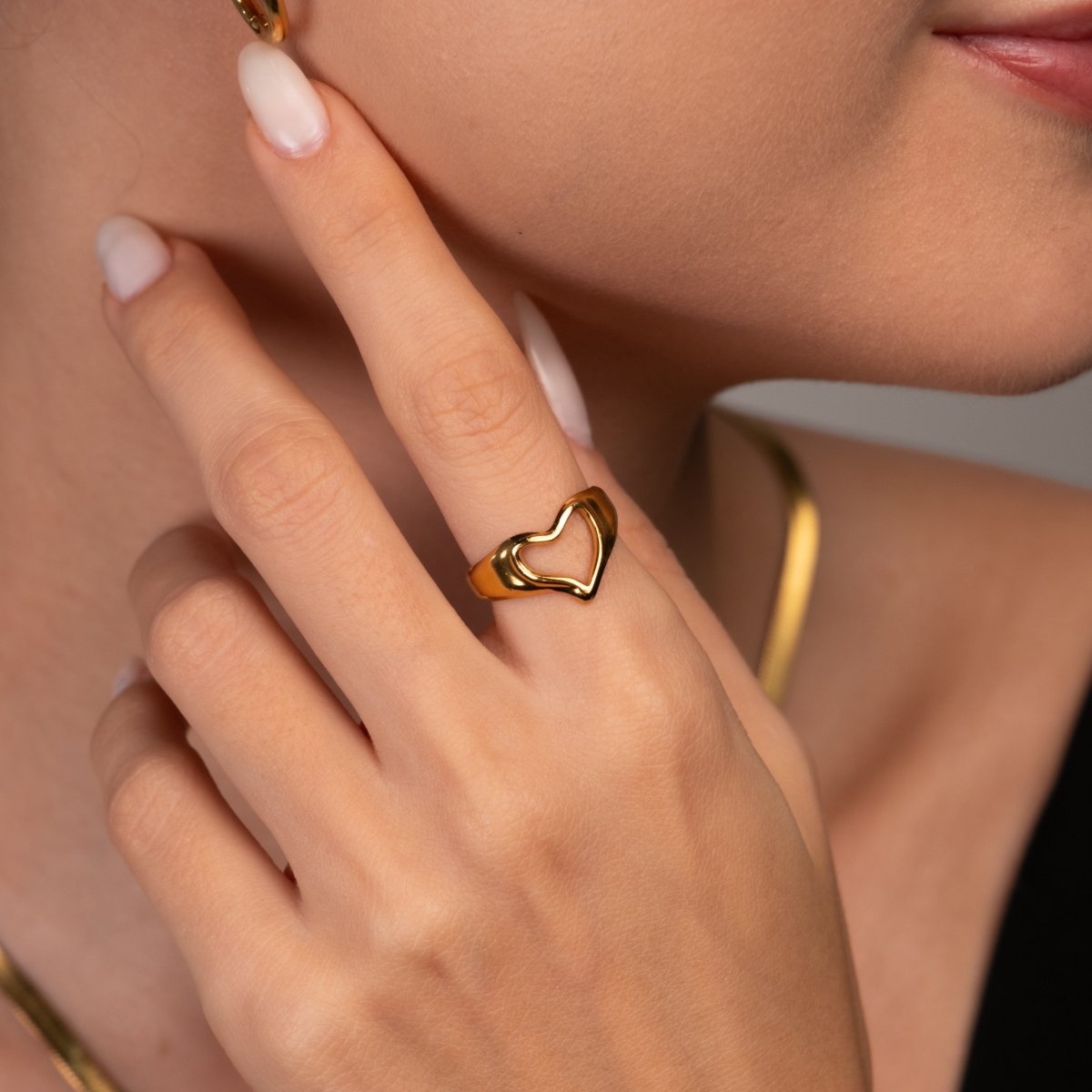 Anel Coração Abstrato Ajustável Banhado em Ouro 18K