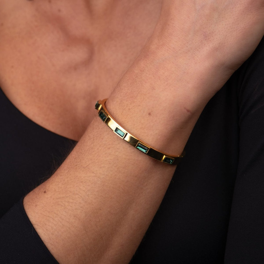 Bracelete Cristais Navete Verde Banhado em Ouro 18K