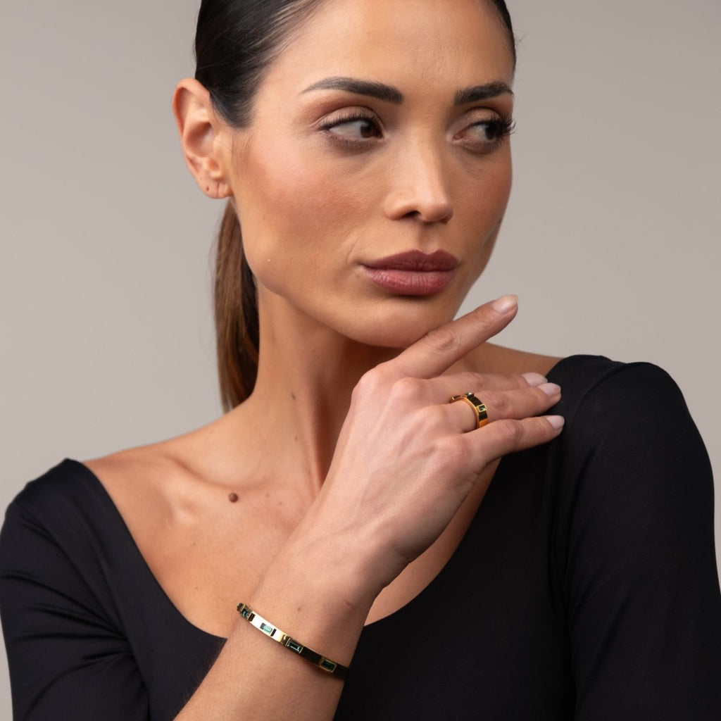 Bracelete Cristais Navete Verde Banhado em Ouro 18K