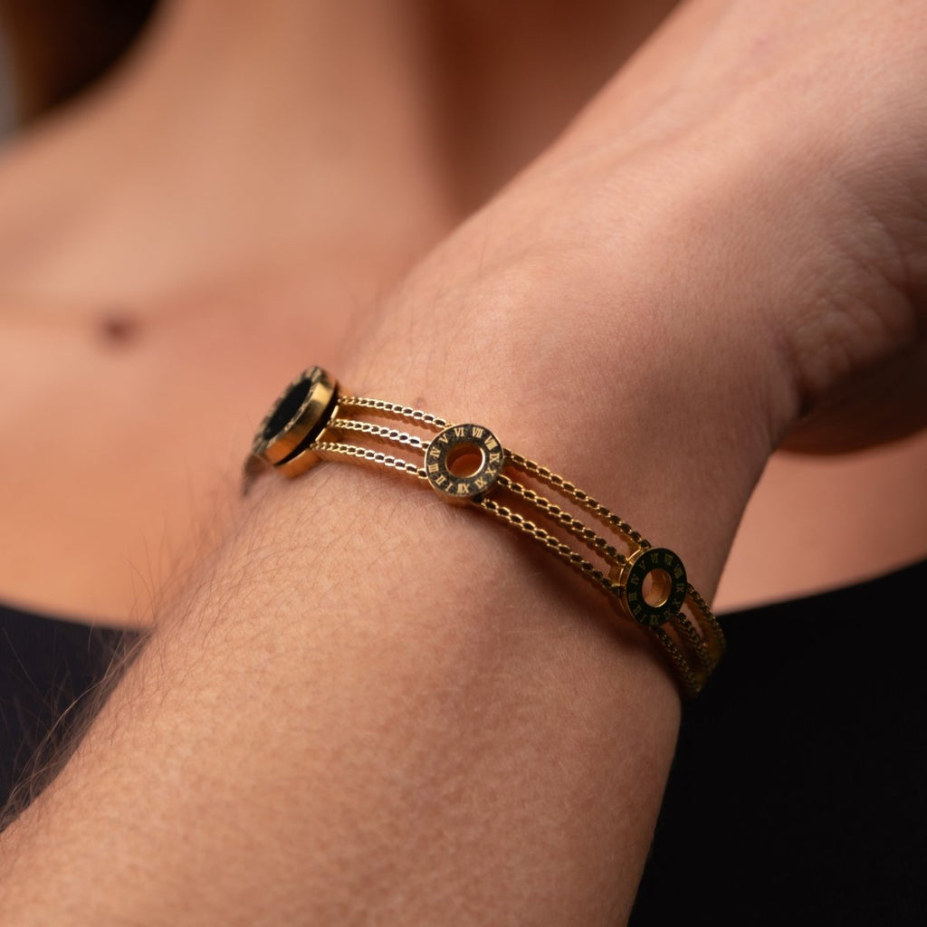 Bracelete Tríplice Ônix Banhado em Ouro 18k