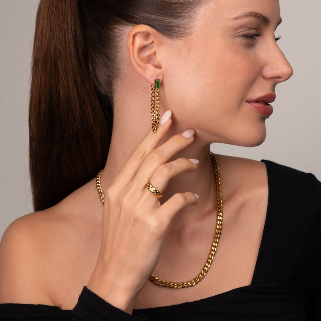 Brinco Corrente Elisabeth Zircônia Esmeralda Banhado em Ouro 18K