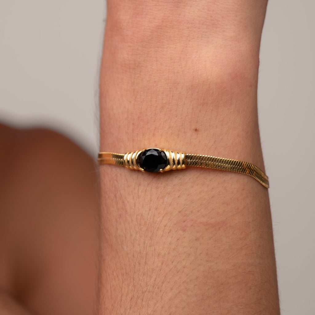Pulseira Malha Pedra Ônix Banhado em Ouro 18K